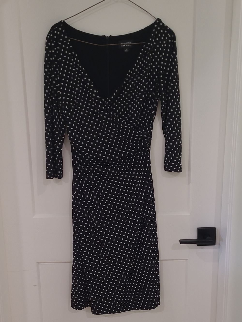 Adrianna Papell Black and White Polka Dot Long Sleeve Wrap Dress